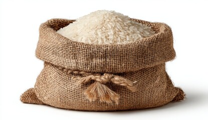 Burlap sack filled with uncooked white rice, showcasing the texture of the grains and the natural fibers of the bag, emphasizing agricultural produce and food storage