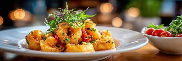 Fried calamari rings served with fresh herbs and tomatoes