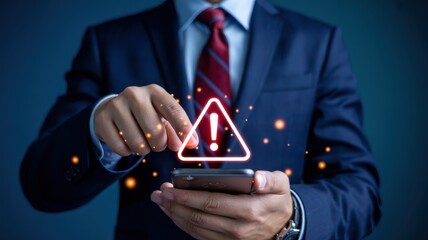 Business professional interacts with glowing digital warning symbol displayed above a mobile device