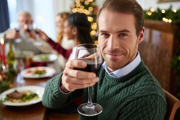 Confident man raises a glass of red wine for a festive Christmas toast.