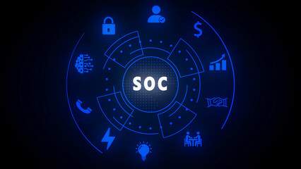 Blue Digital SOC Security Operations Center Concept with Icons and HUD Elements Keywords: SOC, security operations center, digital, technology, network, security, data, protection, shield