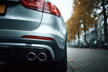 Sleek silver car parked on a cobblestone street, showcasing its modern design and dual exhaust pipes, surrounded by autumn trees and blurred urban scenery