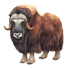 Artistic isometric watercolor image of Musk Ox, isolated on a white surface.