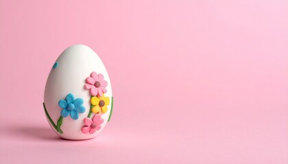 Colorful decorated egg sits on a pink background, capturing the essence of spring celebrations and creativity