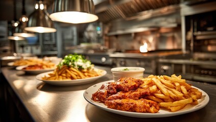 Obraz premium Delicious fried chicken served with crispy golden fries and fresh greens on a plate in a bustling restaurant kitchen, showcasing vibrant culinary artistry and appetizing presentation