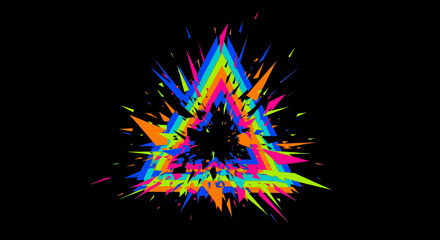 A dynamic and vibrant abstract triangle bursts with a colorful glitch effect, creating an energetic and modern digital art piece on a stark black background.