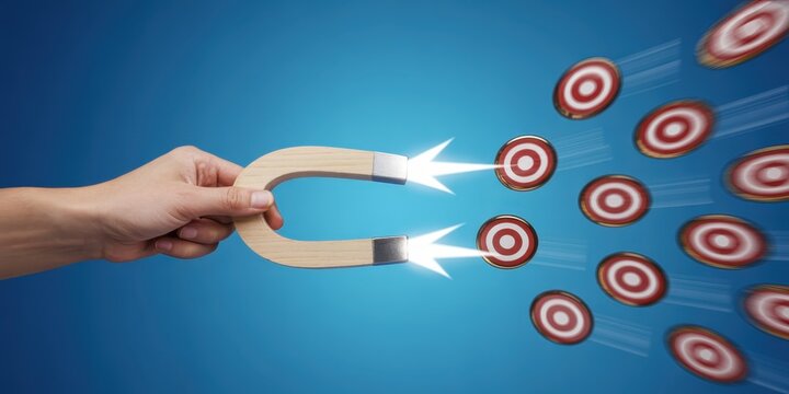 Human hand utilizes a horseshoe-shaped device to attract multiple circular targets against a blue background