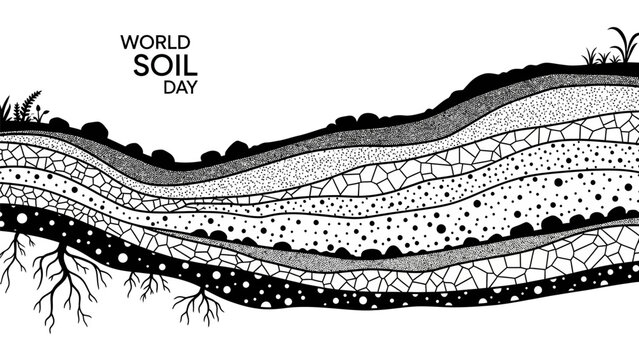Black and white illustration of soil layers and horizons with roots, depicting a cross-section of the earth for World Soil Day.