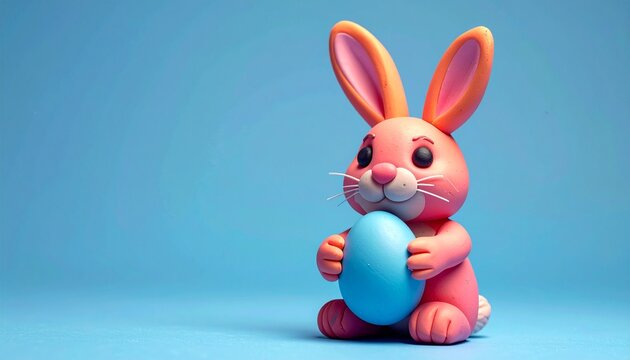 Colorful bunny with an egg sits against a blue background, perfect for springtime celebrations and decorations