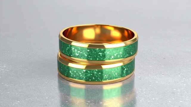 Two gold rings, stacked on a grey, textured surface, with green and white sparkly inlay