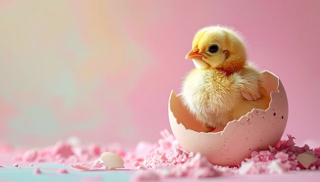 Newborn chick hatching from egg with soft pink background and colorful shavings around - Powered by Adobe
