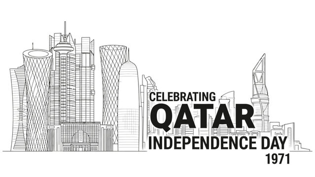 Line art illustration celebrating Qatar Independence Day 1971 with a skyline of modern Doha skyscrapers.