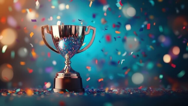 A gleaming trophy surrounded by colorful confetti, symbolizing victory and celebration in a vibrant, festive atmosphere.
