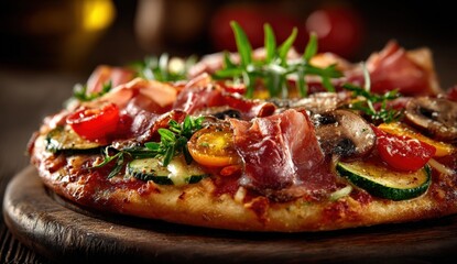 Delicious pizza topped with fresh vegetables, bacon, and herbs, placed on a wooden board, showcasing vibrant colors and textures, perfect for food lovers and culinary enthusiasts