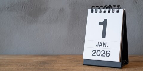 Desktop perpetual calendar displays the first day of January in the year two thousand twenty-six