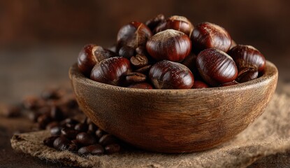 Obraz premium Chestnuts and coffee beans arranged in a rustic wooden bowl on a textured burlap surface, showcasing natural elements and warm tones in a cozy setting