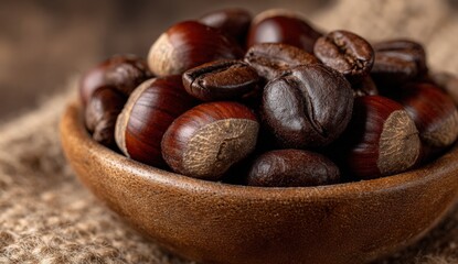 Obraz premium Close-up of roasted coffee beans and chestnuts in a wooden bowl on a textured fabric surface, showcasing rich colors and natural elements for culinary inspiration