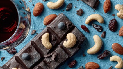Dark chocolate bar with cashews, almonds, and dried fruits arranged on a blue background, accompanied by a glass of red wine, creating a delightful gourmet experience