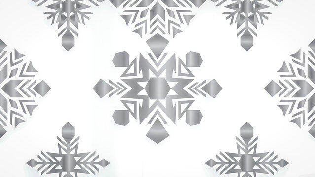 Clean white background with abstract geometric snowflakes in silver gradient, subtle shadows, elegant minimalist Christmas design.