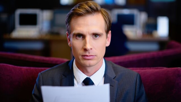 Bank consultant in a modern banking space reviews documents during client meetings.