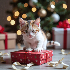 Cream kitten chasing a red Christmas ribbon, confetti and wrapping paper on floor, soft clean lighting,A festive play scene full of energy and Christmas cheer.