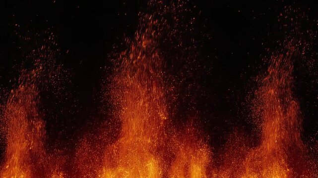 A powerful inferno of vibrant orange flames and glowing embers rising in a dynamic firestorm against a stark black background