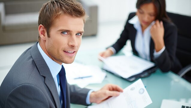 Financial advisor client meeting discusses investments in a modern office.