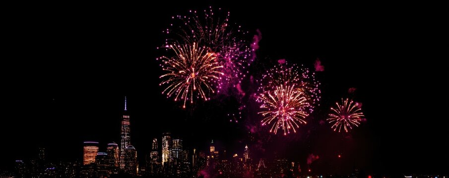 New york city skyline with colorful fireworks illuminating the night sky celebration - Powered by Adobe