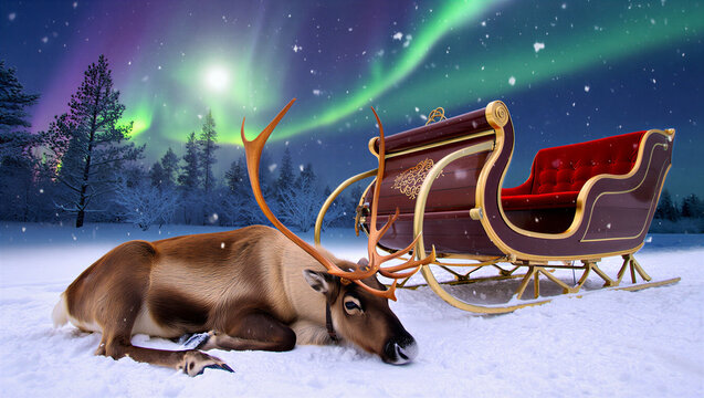 A tired reindeer rests in the snow next to santa s sleigh under a vibrant green aurora borealis and starry night sky 