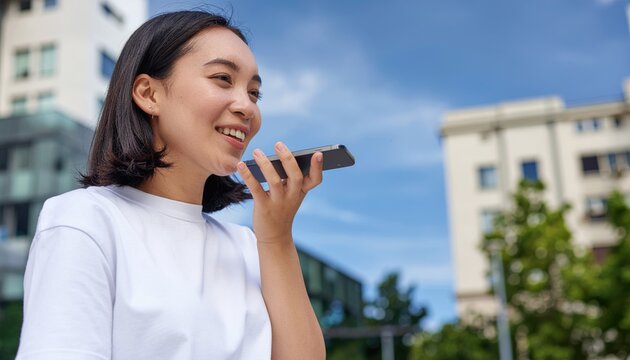 Young woman holding in hand smart phone talking with friend distantly uses easy voice messaging, over modern building background