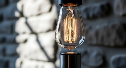 Illuminating Vintage Charm: Close-Up of an Edison Bulb Against a Stone Wall Backdrop