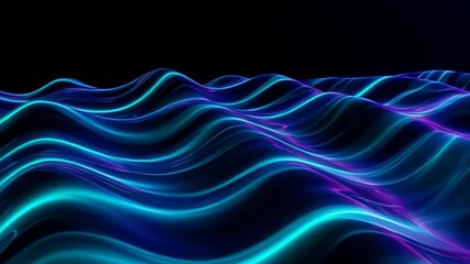 Dynamic, abstract visualization of flowing neon waves in vibrant blue and purple against a black background, suggesting a futuristic digital ocean. - Powered by Adobe