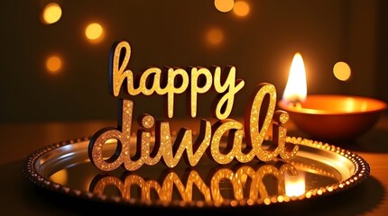 Celebrate a happy diwali with a beautiful candle and golden decorations for a festive season