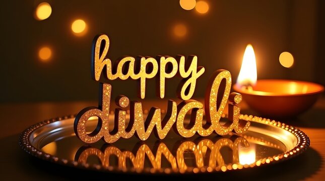 Celebrate a happy diwali with a beautiful candle and golden decorations for a festive season