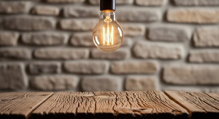 Vintage style light bulb illuminating a wooden table against a stone brick background