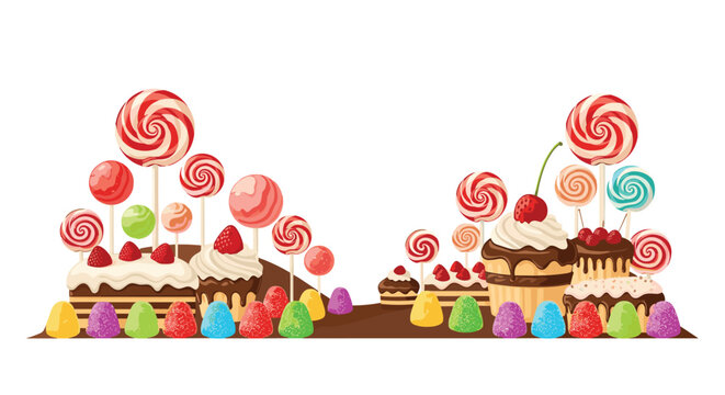 A whimsical and colorful candy land illustration featuring cakes, cupcakes, lollipops, and jelly candies arranged in a sweet landscape on a white background.
