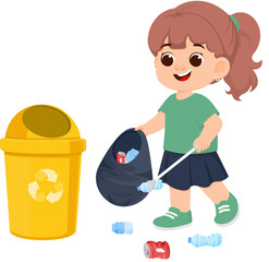 Illustration of Girl Picking Up Litter
