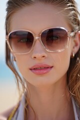 Fototapeta premium Woman in oversized sunglasses with wet hair on sunlit sandy beach and warm highlights