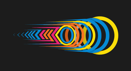 A vibrant abstract design features a dynamic progression of colorful circles and arrow shapes, creating a powerful visual representation of speed and forward motion.