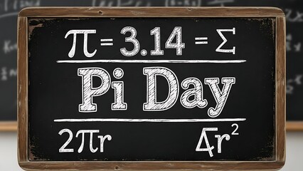 Pi day concept on a rustic blackboard with math formulas and pi constant symbols
