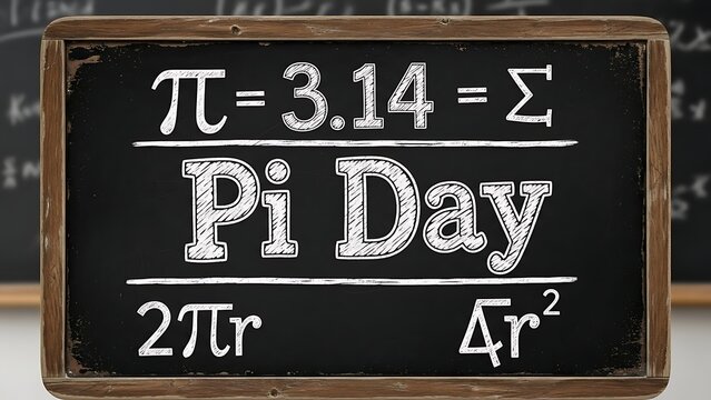 Pi day concept on a rustic blackboard with math formulas and pi constant symbols