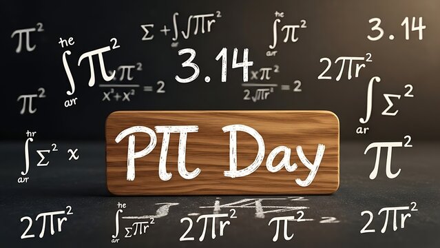 Pi day concept with mathematical equations and numbers on a school themed surface