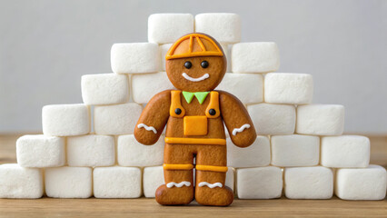 Ginger bread man dressed as construction worker stands smiling in front of pyramid of marshmallows for festive christmas scene