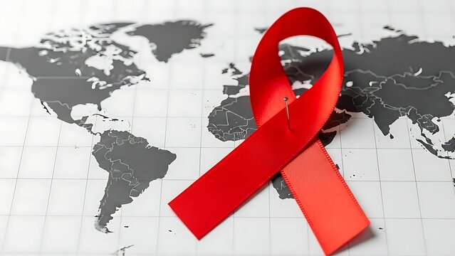 Red ribbon pinned on world map symbolizing global hiv aids awareness and support