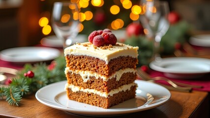 Slice of Cake with Wine and Christmas Tree Lights Glow