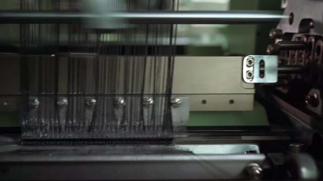 Close-up industrial knitting machine needles forming fabric, synchronized needle bar movement, oil sheen on metal, ambient workshop lighting, technician