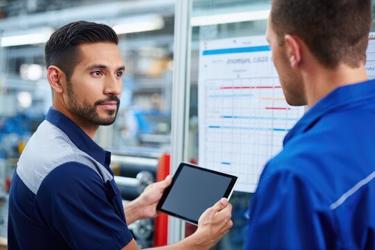 Manufacturing supervisor real-time data handheld tablet on busy factory floor.