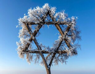 Frost-covered tree forming a majestic Star of David against a clear winter sky