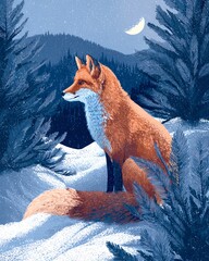 Naklejka premium Fox is sitting in the snow