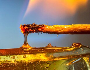 A fiery ember stick melting golden viscous liquid dripping into a sweet pool creating beautiful